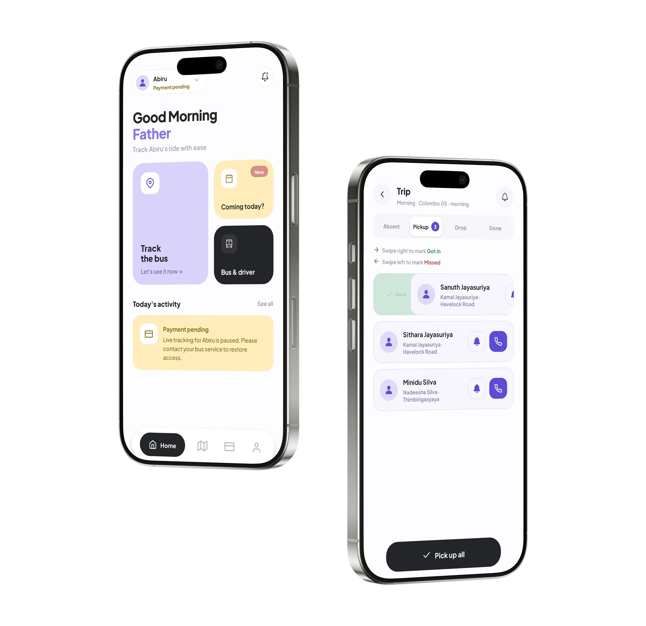 The SchoolRide app showing today's routes and a boarding checklist